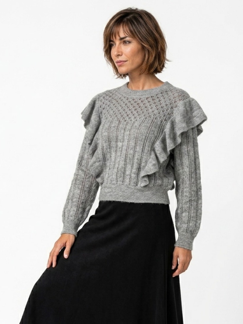 NWT Treasure & Bond Grey Ruffle Openwork Knit Pullover Sweater Wool Alpaca Sz L